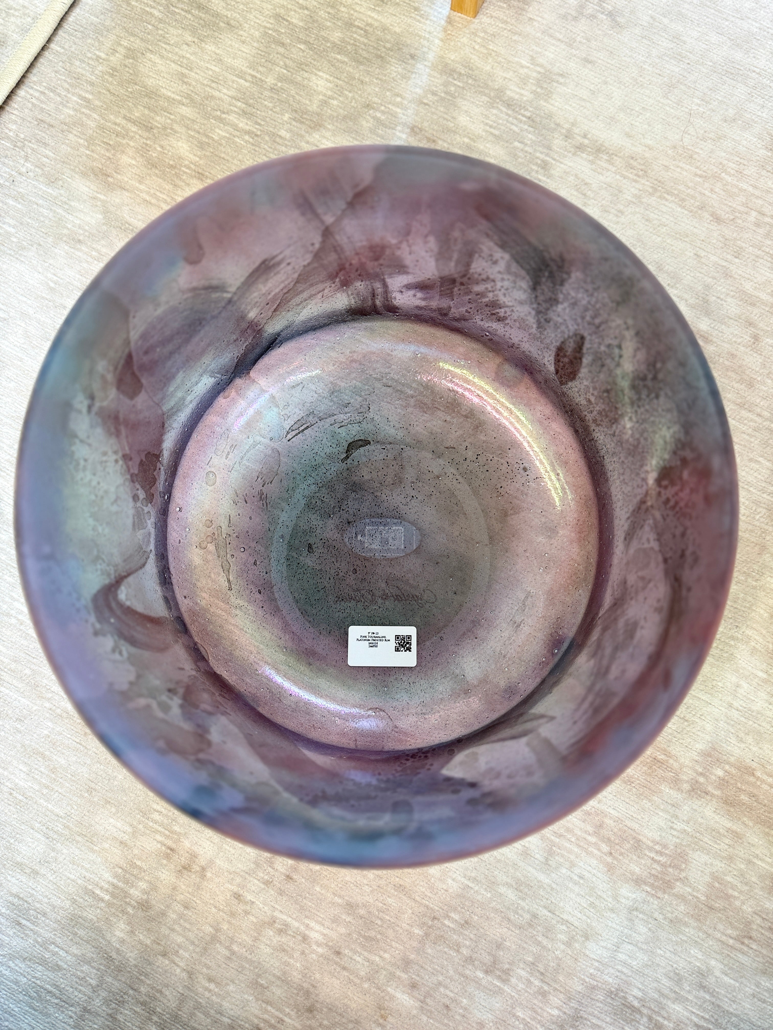 9" F#-15 Pink Tourmaline, Platinum Frosted Rim Inside 144920 Crystal Tones® Alchemy Crystal Bowl