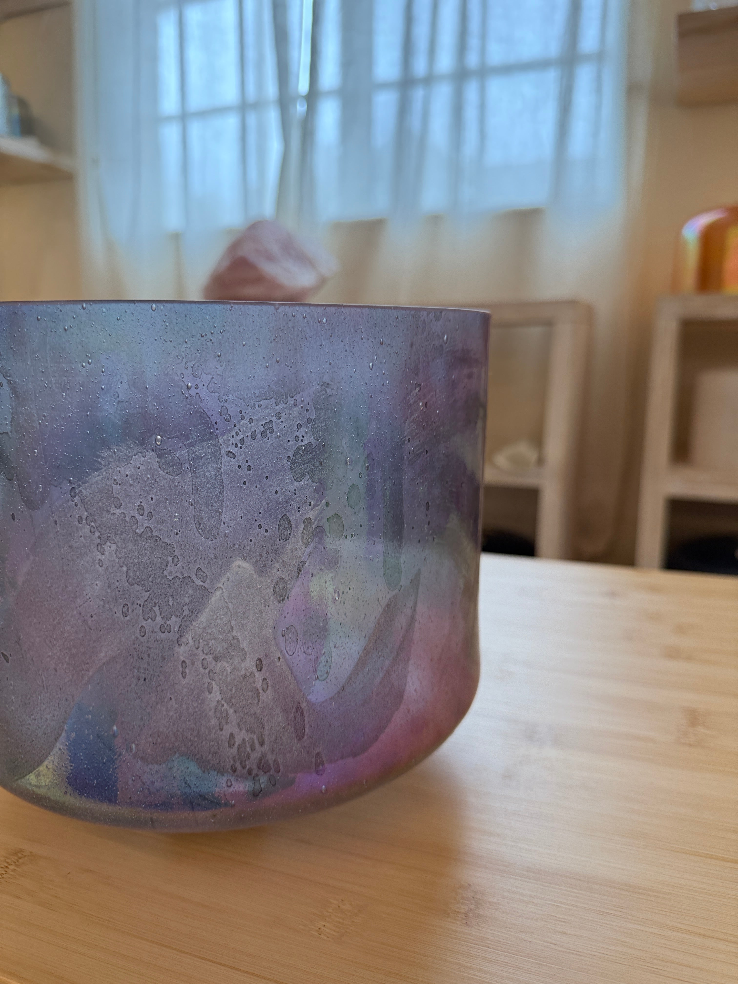 9" F#-15 Pink Tourmaline, Platinum Frosted Rim Inside 144920 Crystal Tones® Alchemy Crystal Bowl