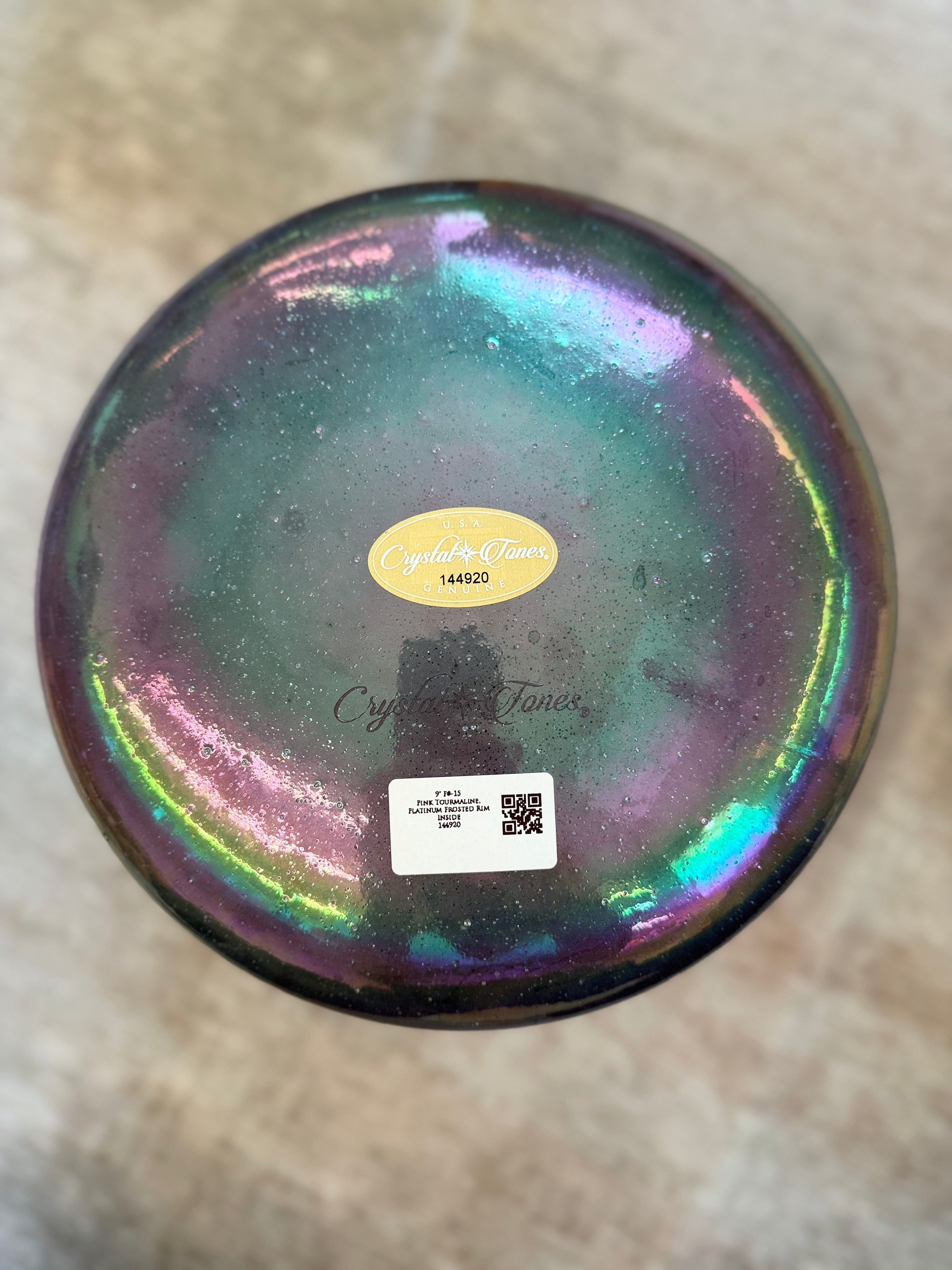 9" F#-15 Pink Tourmaline, Platinum Frosted Rim Inside 144920 Crystal Tones® Alchemy Crystal Bowl