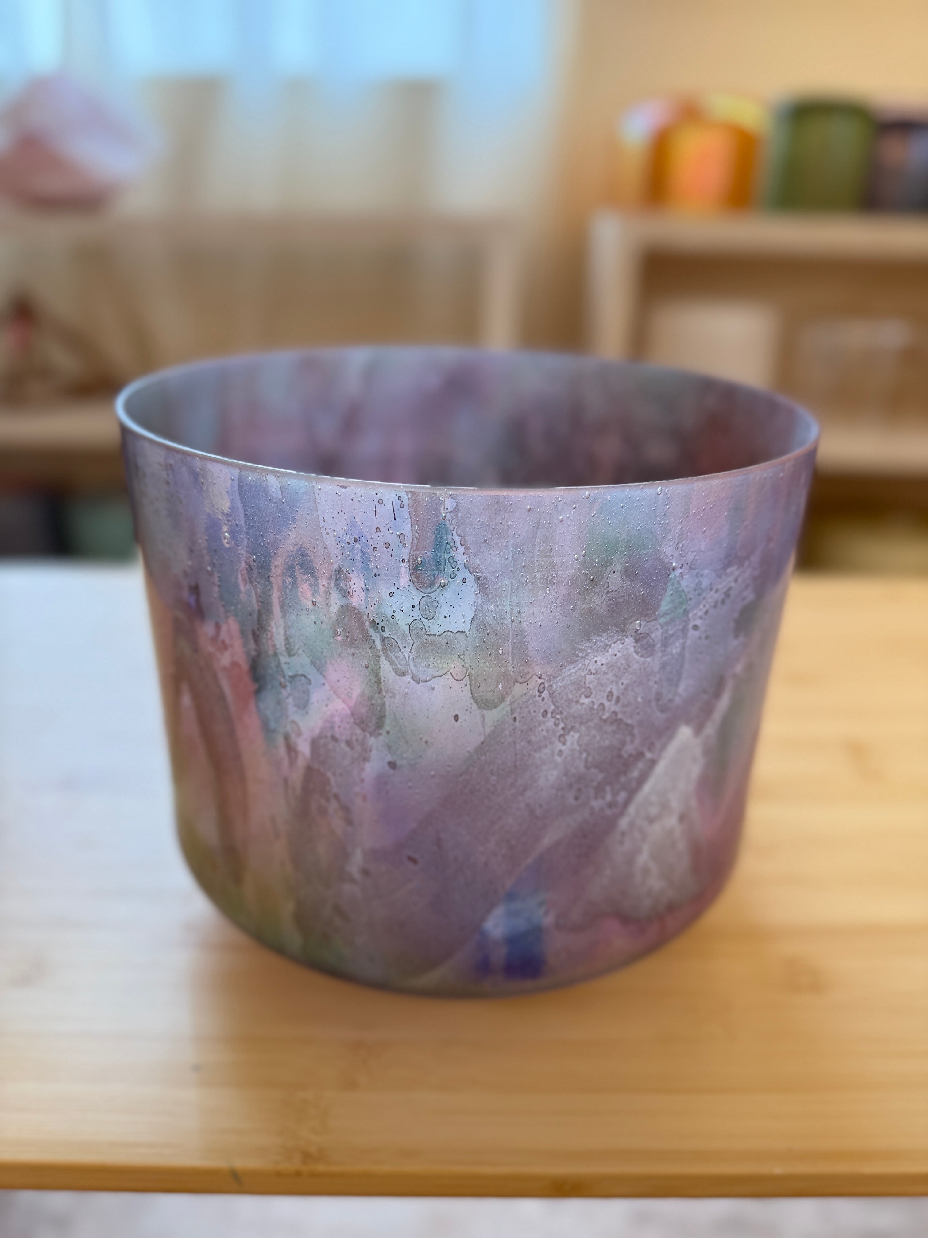 9" F#-15 Pink Tourmaline, Platinum Frosted Rim Inside 144920 Crystal Tones® Alchemy Crystal Bowl